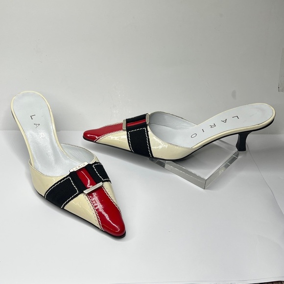 Lario Shoes - Lario Sz 36 Kitten Heel Patent Leather Ribbon Pointed Toe Slip On Mules Shoes